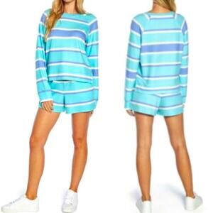 Wildfox Lounge Set - Sweatshirt and Shorts - Blue Stripes Size Large